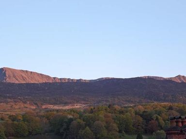 A mountain range with a forested area in the foreground at Llechwedd in Dolgellau