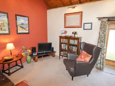 A sitting area with a black armchair near a cabinet with DVDs and a small TV on a stand at The Shippon in Llechwedd The Conwy Valley