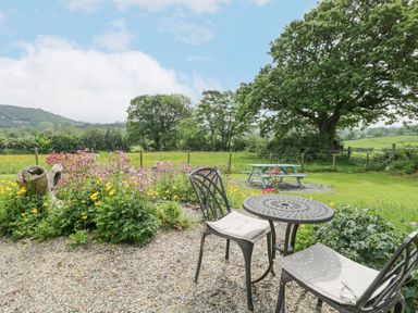 An outdoor garden area with metal table and chairs cushioned seating flowers and a picnic bench in a grassy field near trees at The Shippon in Llechwedd The Conwy Valley