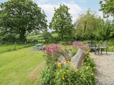 A garden with flowers wooden stump picnic table and metal chairs at The Shippon in Llechwedd The Conwy Valley