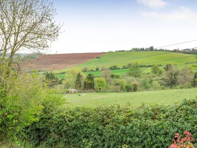 A rural landscape with farmland trees and fields at Hillside Cottage in Peasedown St John near Bath