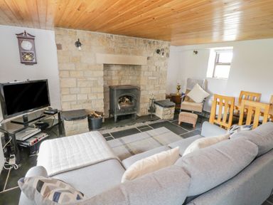 A living room with a stone fireplace a wood stove a gray sofa a TV on a glass stand and a wooden dining table with chairs at Mary Kates Cottage in Narin County Donegal