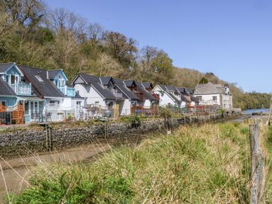 A row of houses along a stone wall beside a creek with tall grass and trees at Waterside Cottage in Little Petherick Creek near Padstow
