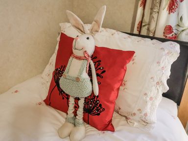 A stuffed rabbit on a red pillow in a bedroom at The Lodge in Old Buckenham near Attleborough