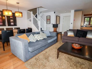 A living room with two sofas pillows a coffee table and a dining area with chairs and pendant lights at Lodge 22 Cherry in Wadebridge