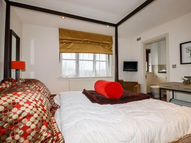 A bedroom with a four-poster bed a window with a gold curtain a wall-mounted TV and a door to a bathroom at Lodge 22 Cherry in Wadebridge