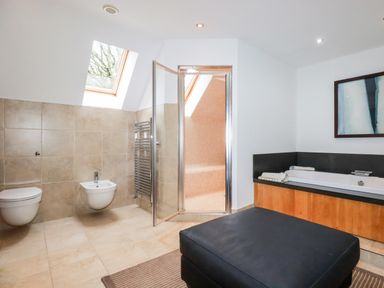 A bathroom with a bathtub towels a bidet a toilet a glass door shower and a skylight window at Lodge 22 Cherry in Wadebridge
