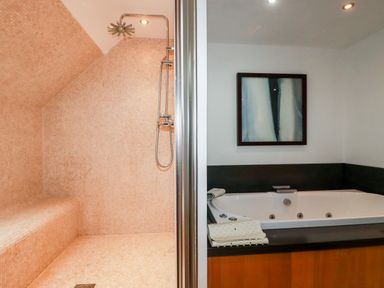 A bathroom with a tiled shower area and a bathtub with jets and a framed picture on the wall at Lodge 22 Cherry in Wadebridge