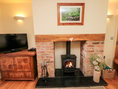 A fireplace with a wood burning stove and brick surround next to a wooden cabinet with a television at The Granary in Longframlington near Alnwick
