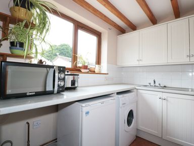 A kitchen with microwave toaster washing machine refrigerator sink cabinets and potted plants at Lynton House in Ruardean Hill near Drybrook