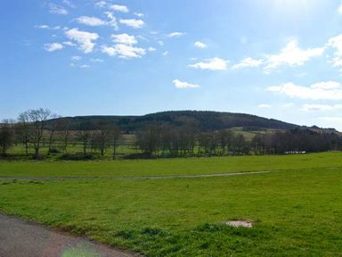 A grassy field with scattered trees and hills under a partly cloudy sky at Hartam House in Falstone near Kielder and Bellingham