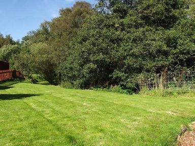 A grassy backyard with a wooden fence on the left and trees on the right at Hartam House in Falstone near Kielder and Bellingham
