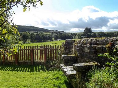 A stone wall with steps and a wooden fence overlooking a grassy field with trees at Hartam House in Falstone near Kielder and Bellingham