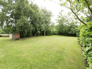 A grassy backyard area with trees and bushes surrounding the lawn at Ddol Helyg Farmhouse in Llanrug