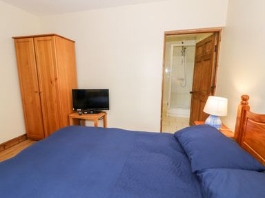 A bedroom with a blue bedspread a wooden wardrobe a small TV on a wooden table and a door leading to a bathroom at Ddol Helyg Farmhouse in Llanrug