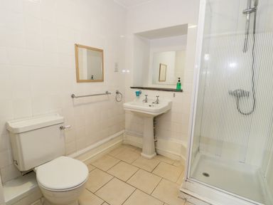 A bathroom with a toilet sink shower and a mirror at Ddol Helyg Farmhouse in Llanrug