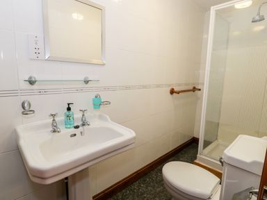 A bathroom with a sink mirror soap dispenser toilet shower and wooden towel rail at Ddol Helyg Farmhouse in Llanrug