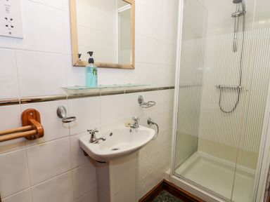 A bathroom with a sink a mirror a glass shelf a soap dispenser and a shower cubicle at Ddol Helyg Farmhouse in Llanrug