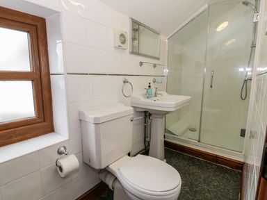 A bathroom with a toilet sink mirror and glass shower enclosure at Ddol Helyg Farmhouse Llanrug