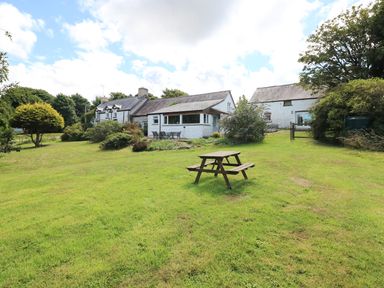 A lawn with a picnic table in front of a white cottage with trees and shrubs at Morfa Isaf Cottage in Llangrannog