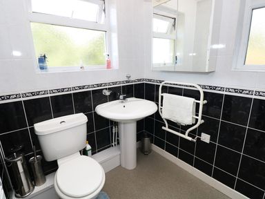 A bathroom with a toilet sink towel rack and two frosted windows at Morfa Isaf Cottage in Llangrannog