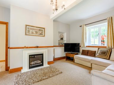 A living room with a fireplace a television a sofa with cushions and a window with curtains at Distyll Llanfwrog near Ruthin
