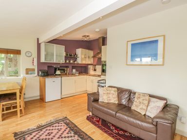 An open kitchen and living area with a brown leather sofa and dining table at Pembridge Cottage in Welsh Newton