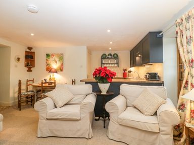 A living room with two armchairs with cushions a small table with a plant and an open kitchen in the background at Colly Cottage in Dottery