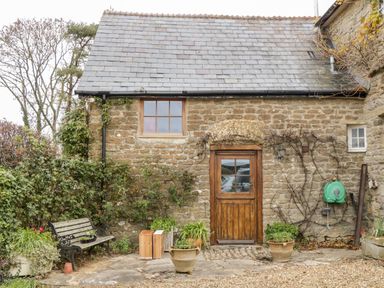 Stone cottage exterior with wooden door and window bench and plants outside at Colly Cottage in Dottery