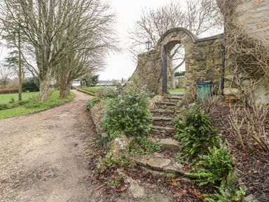 A gravel pathway lined with trees next to stone steps leading to a stone archway with greenery at Colly Cottage in Dottery