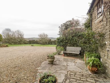 An outdoor area with a stone bench and potted plants next to a stone building at Colly Cottage in Dottery