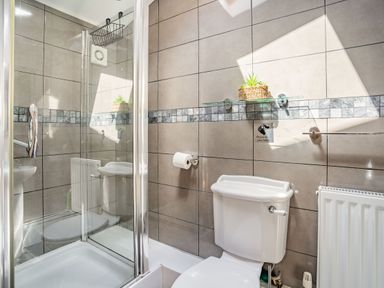 A bathroom with a toilet, shower with glass doors, a small plant on a glass shelf, and a radiator at Ysgubor Hir in Pontarddulais near Swansea