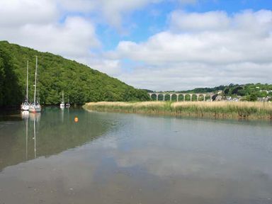 A river with boats moored near trees and a stone bridge in the background at Tuckermarsh Quay River Cottage 2 Bere Alston near Tavistock