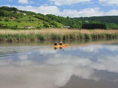 Two people kayaking on a calm river with grassy hills and houses in the background at Tuckermarsh Quay River Cottage 2 Bere Alston near Tavistock
