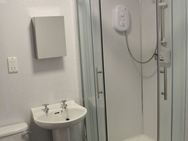 A bathroom with a sink, wall cabinet, toilet, and glass shower enclosure with a shower unit at Tuckermarsh Quay River Cottage 2 Bere Alston near Tavistock