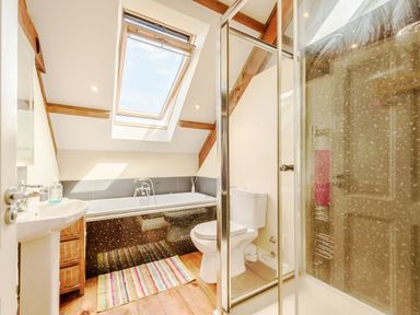 A bathroom with a bathtub under a skylight window a toilet a shower with glass doors a sink and a striped rug on the wooden floor at Ysgubor Uchaf in Brongest near Newcastle Emlyn