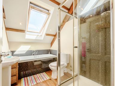 A bathroom with a bathtub under a skylight window a toilet a shower cubicle and a striped rug on a wooden floor at Ysgubor Uchaf Brongest near Newcastle Emlyn