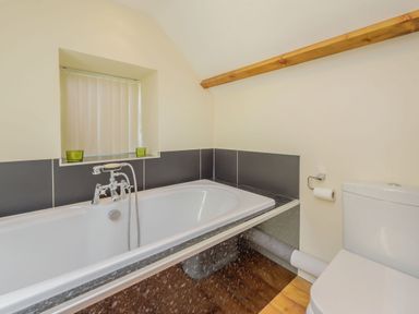 A bathroom with a bathtub and a toilet at Ysgubor Uchaf in Brongest near Newcastle Emlyn