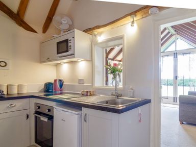 A kitchen with white cabinets a microwave a toaster a kettle a sink and a window looking into another room at Garden Cottage Bush Green near Pulham Market