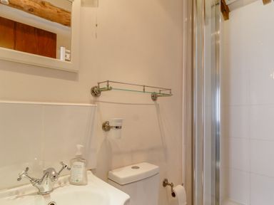 A bathroom with a sink faucet soap dispenser toilet paper holder toilet and glass shower door at Garden Cottage Bush Green near Pulham Market