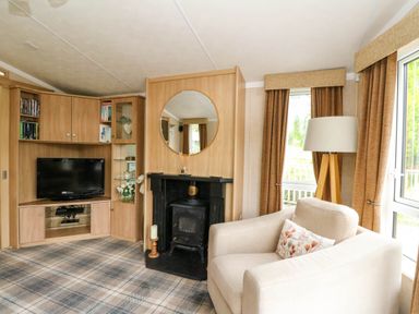 A living room with a television built into wooden shelves a black fireplace beige armchair and windows with brown curtains at The Four Oaks Chalet in Blaich near Fort William