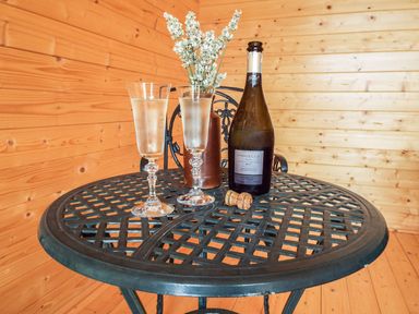 A metal round table with two glasses of prosecco a prosecco bottle a cork and flowers in a vase in a wooden room at Cropvale Lodge in Cropthorne near Pershore