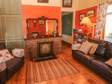 A living room with sofas pillows a rug a fireplace a mirror a bookshelf and a lamp at Kates Cottage in Knightstown Valentia Island County Kerry