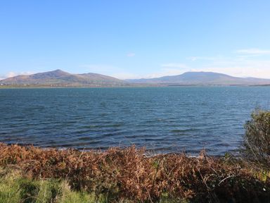 A body of water with hills in the background and grass and shrubs in the foreground at Kates Cottage in Knightstown Valentia Island County Kerry
