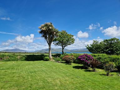 A garden with grass trees shrubs and flowers with mountains and water in the background at Kates Cottage Knightstown Valentia Island County Kerry