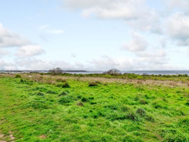 A grassy field with bushes and trees near the coastline under a cloudy sky at Sunrise The Bay near Filey