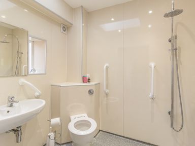 A bathroom with a wall-mounted sink toilet shower and grab rails at Ridge Cottage in Whitridge