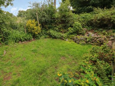 A small garden with grass surrounded by plants shrubs and a stone border at Timbertwig Lodge in Lamphey near Pembroke