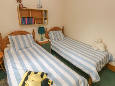 A bedroom with two single beds with striped bedding a bedside table with a lamp and a wall-mounted bookshelf with books at Timbertwig Lodge in Lamphey near Pembroke