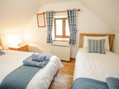 A bedroom with two single beds a window with blue plaid curtains and a wooden nightstand with a lamp at Pendre Uchaf Melin-y-Wig near Ruthin